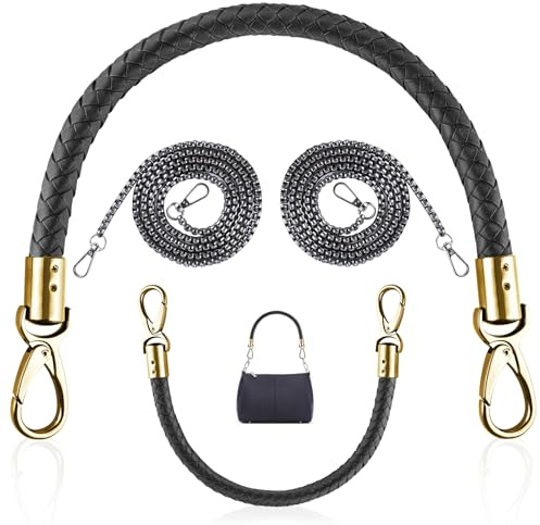 ADNEWX 40cm Taschengriffe Leder, Gold Geflochten Taschenhenkel 4 STK | mit Kette Tasche 120cm Schwarz für Schultergurt Handtaschen-Ersatzgriff, mit Karabinerhaken