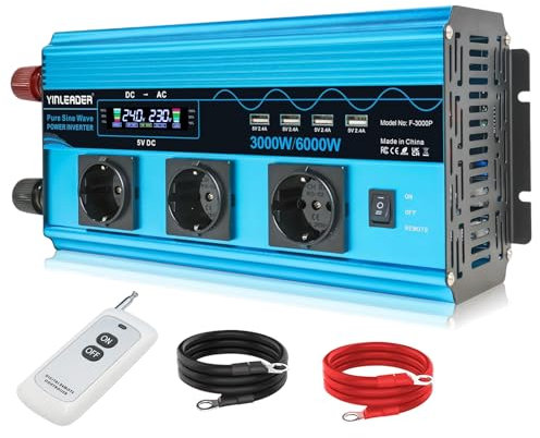 Yinleader Inverter 3000W Convertitore di Tensione a Onda Sinusoidale Pura 24V 230V con LCD | 3 Prese e 4 USB Telecomando Senza Fili /6000W