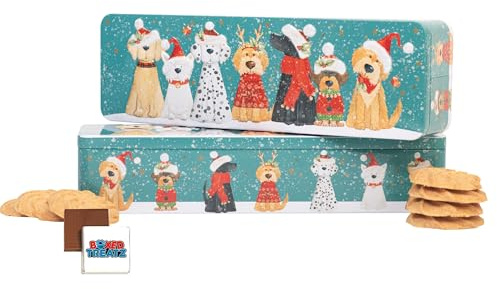 Boxed Treatz Christmas Biscuit Tin Set with Embossed Dog Design, Lemon & Orange Flavoured Biscuits and Neapolitan Chocolate, 225g