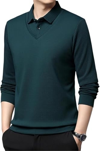 Tops de manga larga con solapa de dos piezas sintética for hombre, camisa de 2 piezas falsa con solapa a rayas for hombre, camisa de punto de 2 piezas falsa con solapa(Dark Green,4X-Large)