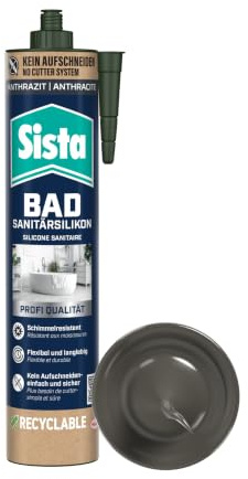 Sista Bad Sanitär Silikon, Dichtmasse auf Silikonbasis, wasserfeste Fugenmasse, 1x280ml Kartusche, anthrazit | Schimmelresistent, beständig gegen Reinigungsmittel, ca. 11m Reichweite, automatisch öffnende Kartusche, recycelbarer Karton