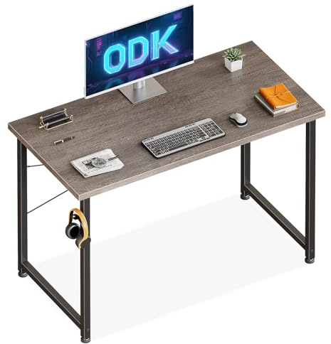 ODK Kleiner Schreibtisch, 100×48cm Computertisch Bürotisch Mit Kopfhörer Halter Und Aufbewahrungstasche, Schreibtisch Klein Arbeitszimmer Holz PC Tisch Officetisch Für Home, Office, Grau