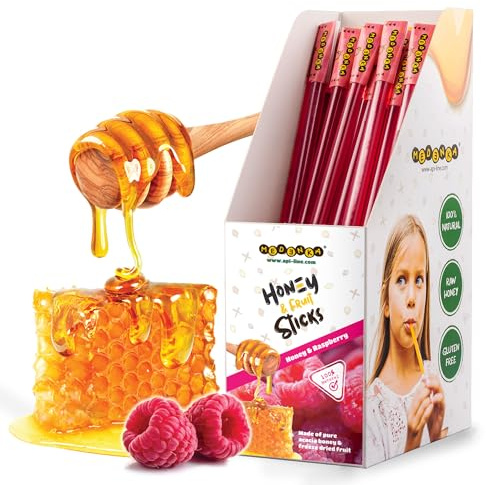 Medenka Honey Sticks - Honey & Raspberry | No Refined Sugar, Mess-Free, Eco-Friendly | Freeze Dried Rasperry Fruits| Sweets for Kids, School Snacks, 20 Pack