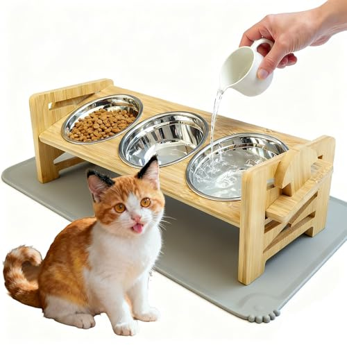 Katzennapf Erhöht mit 3 Futternapf Edelstahl Futterstation napfset katzenfressnapf katzenfutternapf Fressnapf und Wassernapf für Katzen und kleine Hunde (Verstellbare Futterstation)