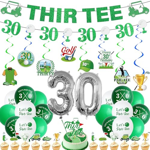 Golf 30th Birthday Party Decorations - 43 Pcs Green Golf Glitter Thir-Tee Banners Hanging Swirls Cake Cupcake Toppers Number 30 Foil Balloons for Men 30 Years Old Golf Themed Birthday Decor Supplies