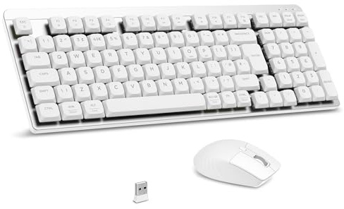 LeadsaiL Wireless Keyboard and Mouse Set, 2.4Ghz Wireless, UK Layout, Low-Profile Red Switch, 98-Key Compact Slim Mechanical Keyboard and Silent Mouse for Windows/MacOS PC Laptop - Silver and White