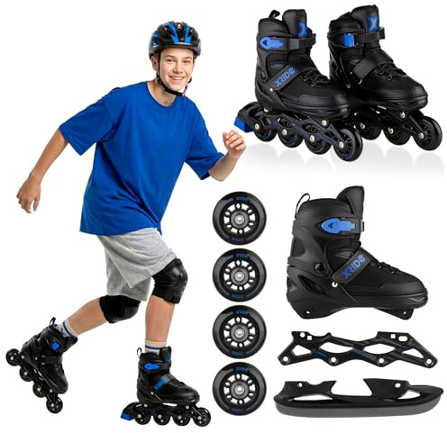 Xride 4in1 Rollschuhe Inliner für Kinder, Verstellbare Inline Skates mit Schlittschuhen, Schwarz Blau, ABEC-7 Kugellager, PU Rollen, Größenverstellbar, 31-34