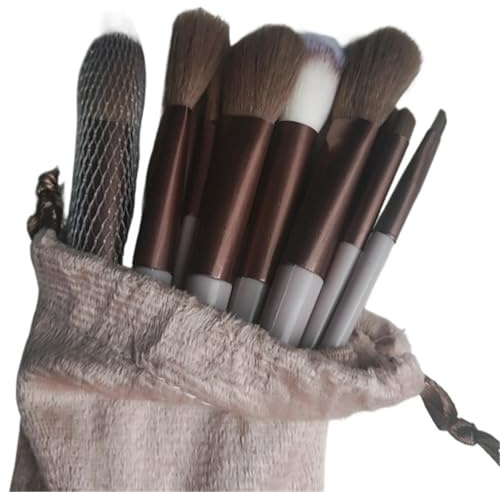 Makeupborstset 13 sminkborstar, flanellväska, mjuk borst rougeborste, ögonskugga, löst pulver, full av skönhetsverktyg (kaffe)