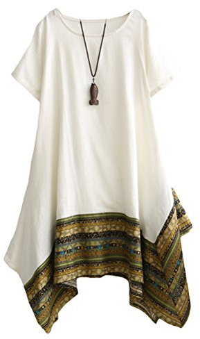 Minibee Women's Ethnic Cotton Linen Short Sleeves Irregular Tunic Dress (2XL, White)