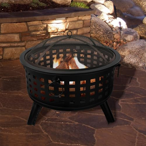 Pure Garden Feuerstelle für den Außenbereich, 66 cm, rundes Gitter, Holzfeuerstelle mit Bildschirm, Schürhaken, Rost und Abdeckung, Holz-Feuerstellen und Außenkamine