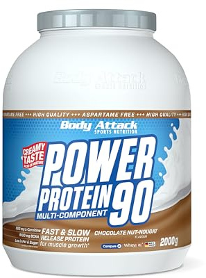 Body Attack Power Protein 90, Cioccolato-Torrone, 2 kg, 5K proteine in polvere con proteine del siero di latte, L-carnitina e BCAA per la costruzione muscolare e il fitness