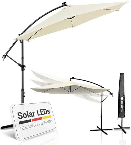 Juskys Ombrellone a braccio libero Brazil 300 cm illuminazione LED e solare e manovella - protezione UV idrorepellente pieghevole - ombrellone da mercato - grigio/crema