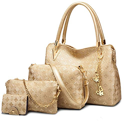 FiveloveTwo Damen Umhängetasche Schultertasche Henkeltaschen Quaste Drucken Handtasche 4-teiliges Set Geldbörse Shopper Taschen Clutches Kartenhalter Brieftasche