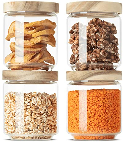Econovo Vorratsgläser mit Holzdeckel 500ml 4er Set für Kaffee & Müsli | Vier Aufbewahrungsgläser aus Borosilikatglas mit Holzdeckel, luftdicht und stapelbar, ideal für Kaffee, Tee und Nüsse
