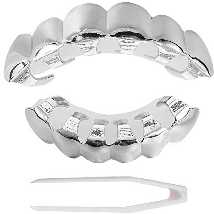 Milisten Silver Hip Hop Vampire Teeth Grills Top and Bottom Face Mouth Vampire Fangs for Your Teeth Hip Hop Jewelry Party Favors