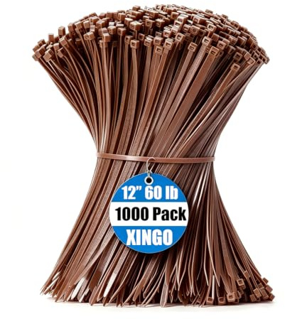XINGO 1000 Stück Kabelbinder Braun, 200mm x 4.8mm, 22,7 kg Zugfestigkeit, UV-beständig, Selbstsichernde Kabelbinder für drinnen und drauße