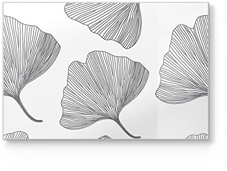 DEQORI Tabla de cortar de cristal, grande, 30 x 20 cm, diseño de hojas de ginkgo esbozadas, placa de corte para cocina, antibacteriana y antideslizante, placa de cristal y bandeja para servir