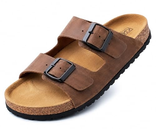 GONKOS®, lädersandaler med spännen, äkta läder, naturlig kork, justerbara fotspännen, sandaler för män/kvinnor, kvalitetssandaler tillverkade i Spanien, färg Brun storlek 46
