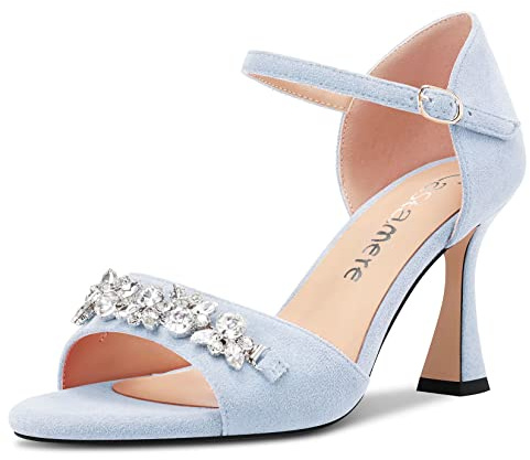 Castamere Mujer Medio Heel Abierta Punta Correa Tobillo Diamante Cristal Sandalias de Boda Baile 8.5 CM Heels Azul Claro Ante 38 EU