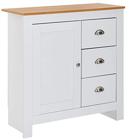 möbelando Sideboard mit 3 Schubladen 79x81x35 cm Kommode Weiß/Eiche Modern | Design Anrichte Hoch mit Tür | Schubladenkommode Wohnzimmer