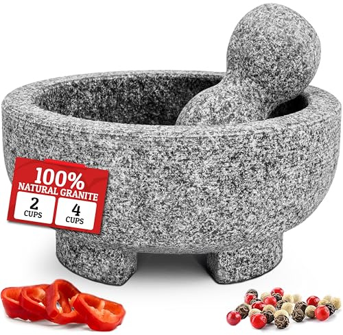 PriorityChef Mortier et pilon en granit – 15,5 cm en pierre naturelle Molcajete Mexicano pour épices, assaisonnements, pâtes – Pilon et bol de mortier pour guacamole frais, salsa, pesto, petit, gris