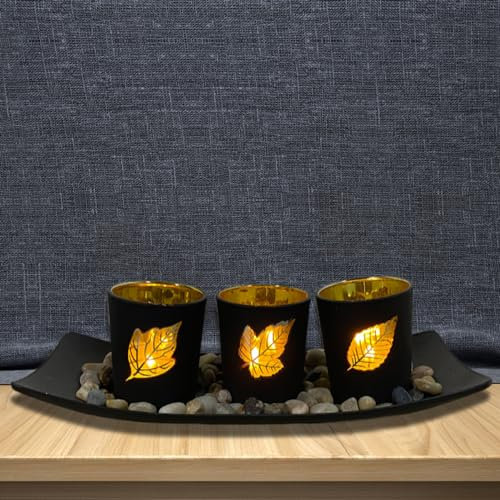 Hosoncovy Tea Light Candle Holder Set of 3 ,Hollow Glass Candle Holders with Tray and Decorative Pebbles ,Tealight Candle Holder for Weddings, Party and Home Decor