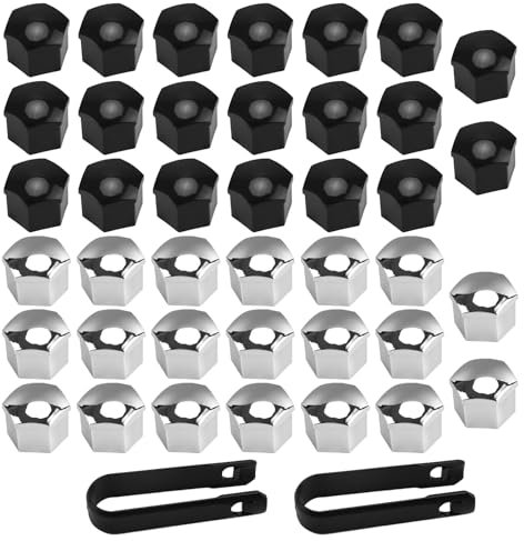 DEANKEJI 40 Pezzi Copri Bulloni Cerchi, Copribulloni 17mm, Esagono Cappucci per Bulloni Ruota, con 2 Pezzi Estrattore del Dado, per Maggior Parte del Auto (Nero, Argento)