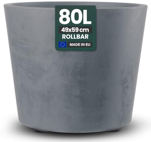 Kreher XXL Pflanzkübel Millennium mit rollbarer Plattform und einem Volumen von 80 Liter! Tolle Naturstein Optik in Braun oder Anthrazit! Maße: 59 x 49 cm (ØxH) (Grau)