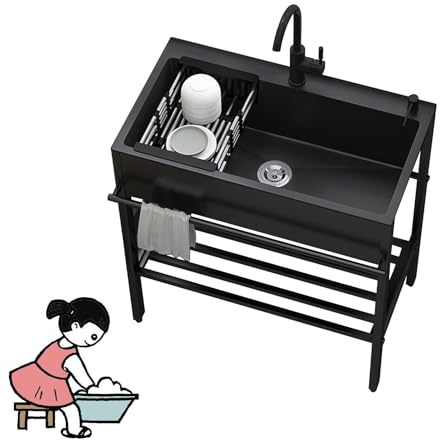 Edelstahl Schwarz Küchenspüle, Freistehende Outdoor Waschbecken Mit Unterschrank, Mobiles Ausgussbecken Mit Abtropfschale, Multifunktion Waschtisch Mit Wasserhahn, Für Keller Camping Outdoor (Size :