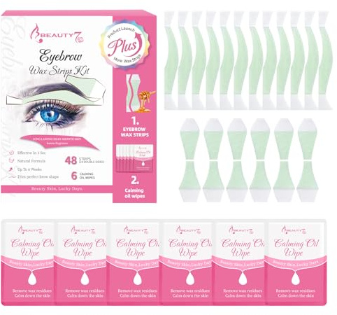 Beauty7 Fit Eyebrow Wax Strips Plus Volum, Pre-cut Facial Hair Removal, Lip Hair Removes, at Home Waxing 48 Strips, 6 Calming Oil Wipes, for All Skin Types Women