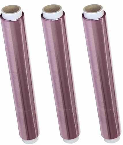 VESCEL-Pack 3 Rollos Film Transparente Alimentario, Rollo Film Industrial 45cm x 300m, Bobina de PVC, Color Violeta Translúcido, con Sierra de Corte, para Uso Profesional en Alimentación, Hostelería