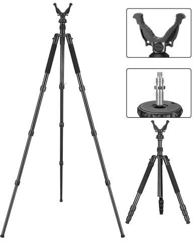 Trakiom Trípode de caza 3 en 1, trípode de caza, trípode de disparo, soporte para rifle con columna central de ajuste de altura, trípode bípode monopié de tiro con yugo en V para caza, tiro y al aire