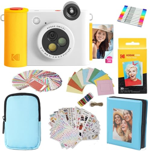 KODAK Smile+ - Paquete de Regalo de cámara instantánea Digital e Impresora fotográfica 2 en 1, Funda + Papel Zink + álbum + Marcos + calcomanías + marcadores, Color Blanco