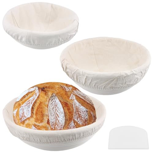 MUNGHOK Set di 3 cestini per la lievitazione, rotondi, 16 cm, 20 cm, 25 cm, cestino per il pane con inserto in lino lavabile e raschietto per la pasta, per il pane e l'impasto