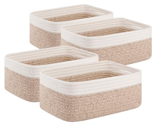 OIAHOMY 4 Pack Storage Baskets for Organizing, Small Bins for Shelves, Cute Decorative Storage Bins, Organizer Baskets for Gifts Empty, 11.8''Lx7.8''Wx4.7''H, Brown/White