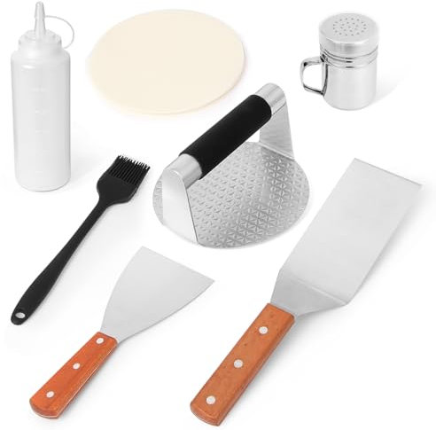 Burger Press Kit, Smash Burger Press, Stainless Steel 2 Grill Spatula, 1 Spice Bottle Squeeze & Bottles, 1 Silicone brush and 100 Patty Papers, BBQ Kit for Cookouts, Barbecues