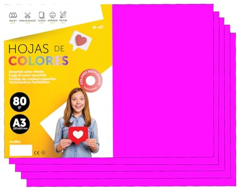 Buntes Papier A3 80g für Drucker & Basteln, Farbige Blätter für Kinder, Kreativprojekte, Karten & Schule M-office (50 Blatt, Rosa Neon)