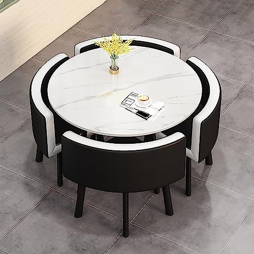 Moderner runder Couchtisch und Stuhl Set Esstisch mit 4 Stühlen Business- und Besprechungstisch Kombination kleine runde Tische für Büros und Geschäfte PU-Leder 5-teiliges Set