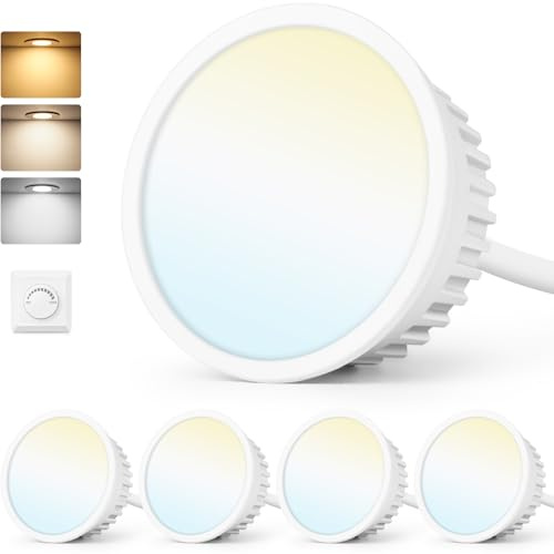 GeyouLux 3CCT LED Modul 230V Ultra Flach ø50x23mm 5W 500LM 4er set | IP44 120° Abstrahlwinkel Warmweiß Naturalweiß Kaltweiß Dimmbar, Ersatz MR16/GU10 Leuchtmittel, für Einbaustrahler Aufbauspot