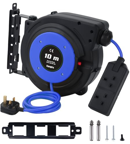 EnergyPro 10 Metre Automatic Retractable Extension Cable Reel with UK BS1363 Plug, 2300W 230V, Overload Protection, Mountable for Garden, Workshop and Home Use