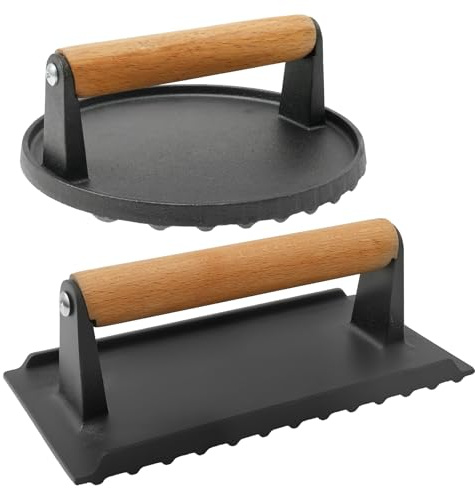 2 Stück Smash Burgerpresse Gusseisen Antihaft Runden 18x7 cm Rechteck 21x11x7 cm, Burgerpresse Gusseisen mit Holzgriff Hitzebeständig, Fleischpresse Sogar Kochen für Speck Steak