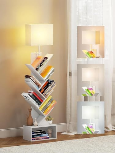 yeshine Bücherregal Baum mit Licht, 6 Ebenen Standregal （Weiß） | LED‑Beleuchtung mit 3 Farbtemperaturen,Stauraum für Bücher, CDs & DVDs,Mit Kippschutz‑Vorrichtung,Geeignet für Wohn‑, Schlaf