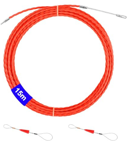Kabeleinziehhilfe 15 m, φ 4 mm Polyester Einziehdraht, Einziehspirale Zugdraht, Kabeleinzug Einziehhilfen mit Führungsfeder, Einziehspirale Einziehhilfe, Geeignet für Glasfaserkabel, Orange