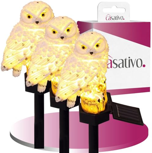 Casativo LED Gartenleuchte Eule mit Akku und Solar Panel, 3er Spar Set, wetterfest und witterungsbeständig, Dämmerungssensor, effektvolle Lichtquelle für Garten und Balkon
