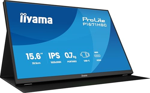 iiyama P1671HSC-B1 15.6 inch Portable Monitor, IPS LCD Mini-HDMI/ 2x USB-C (Video and Power), 2 x 1W Speakers, Leather Cover and Book Stand.
