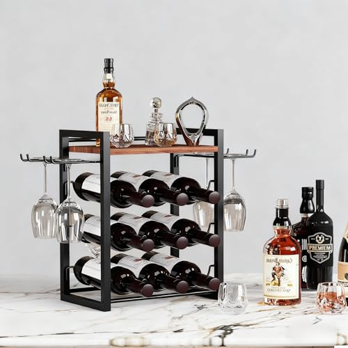 B4Life Wine Rack Countertop, Wine Glass Holder and Bottle Holder with Tray, Countertop Liquor Storage Holds 9 Liquor Bottles and 4 Glasses, Freestanding Liquor Storage for Home, Kitchen, Bar, Cellar