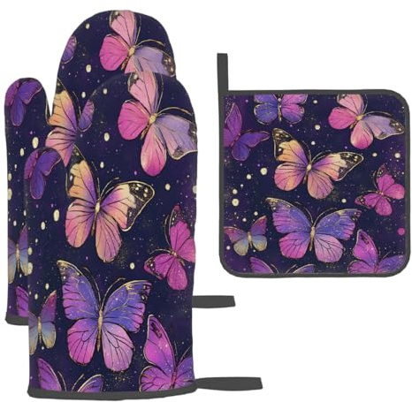 Mexpekil Potholders and Oven Gloves Heat Resistant, Butterfly Purple Kitchen Glove and Heat Mats 3-Piece Set, Insulated Oven Mitts for Kitchen, Baking, Cooking