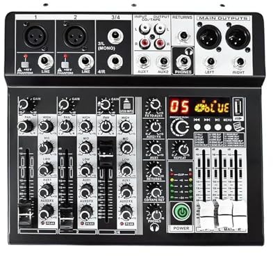 Controlador de DJ, Mezclador de profesional de 4, 6 y 8 canales, consola de mezcla de sonido con interfaz USB, 99DSP, alimentación fantasma de 48 V for grabación y streaming.(4 channel)
