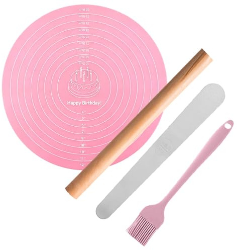 Wooden Rolling Pin Silicone Baking Mat Set, 30cm Pastry Brushes | 30cm Dough Scraper Stainless Steel Stuffing Spoon Dough Roller and Pastry Mat for Pizza, Pie, Cookie, Pasta and Bread