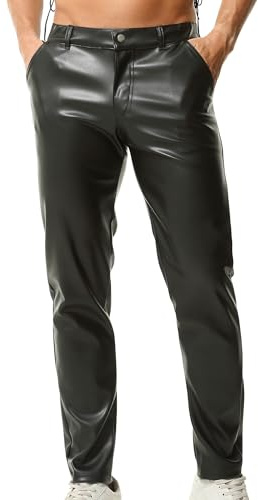 YOOBNG Pantalons en Cuir synthétique pour Hommes, Pantalons PU Droit, Leggings Sportifs for Disco décontractés Noir